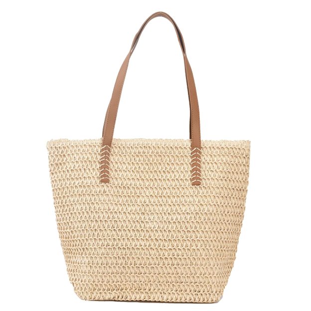Handwoven straw tote bag with zipper closure and shoulder straps, displayed against a neutral background.
