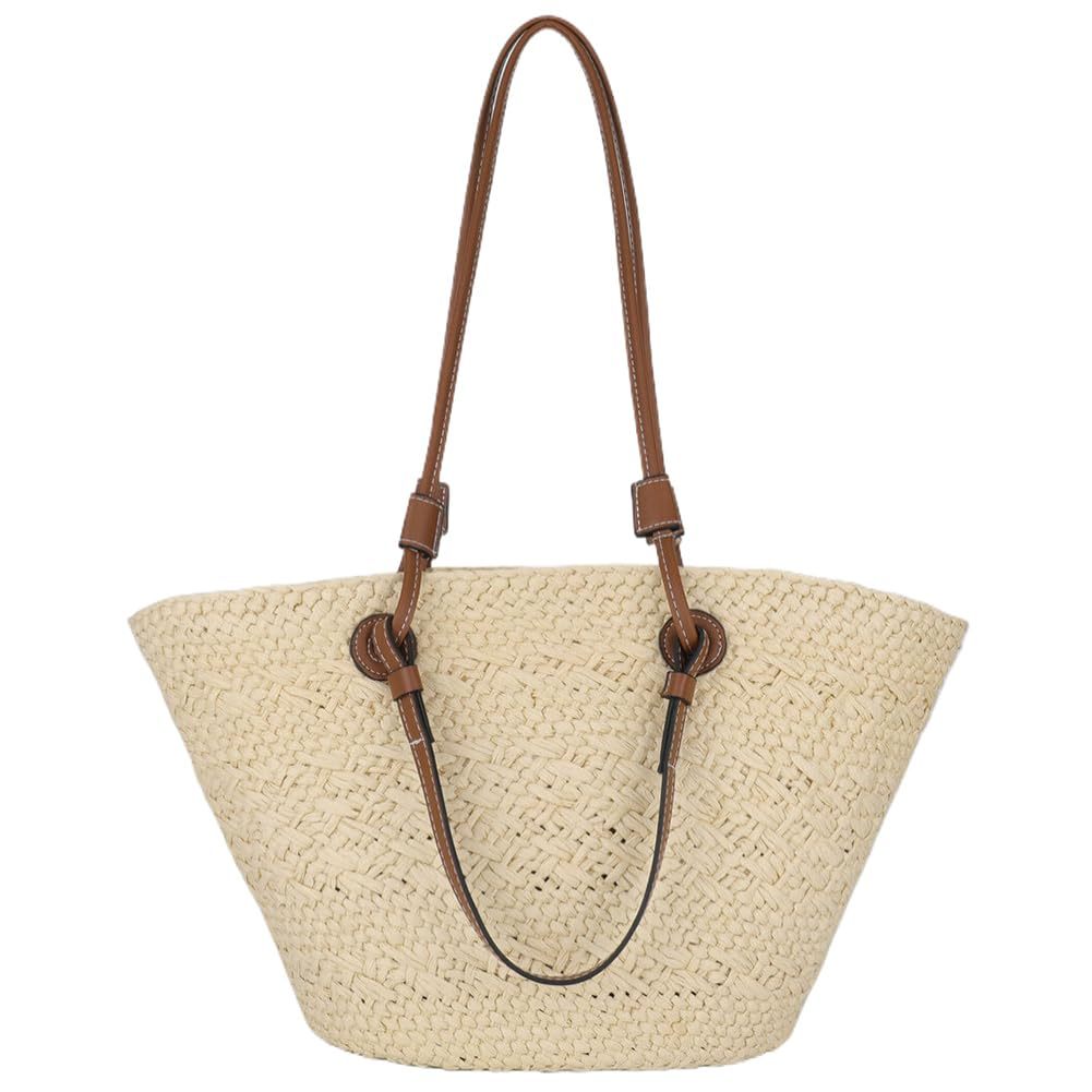 Handwoven straw tote bag with comfortable shoulder straps, displayed against a neutral background.