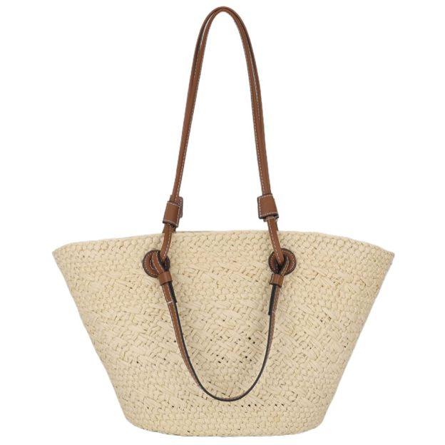 Handwoven straw tote bag with comfortable shoulder straps, displayed against a neutral background.
