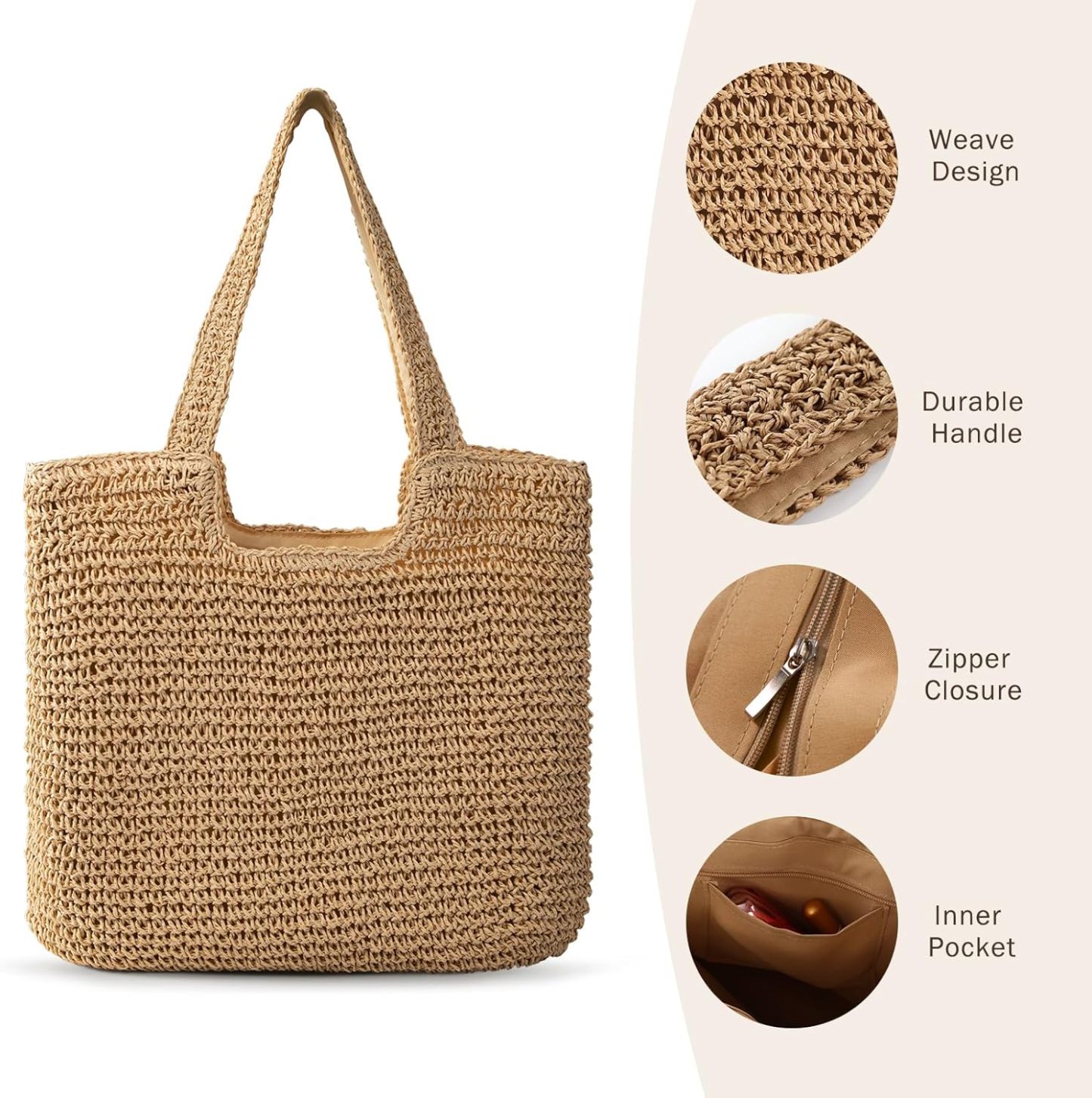 Large Beach Bag Woven Straw Tote Bags Shopping Travel Bag for Women