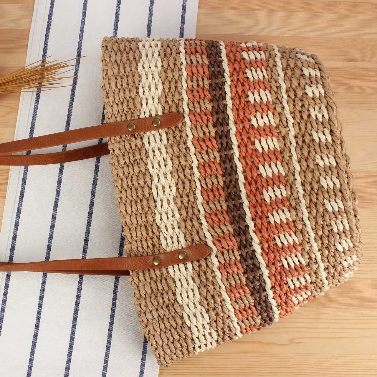 Handwoven Straw Tote Bag with Leather Handles
