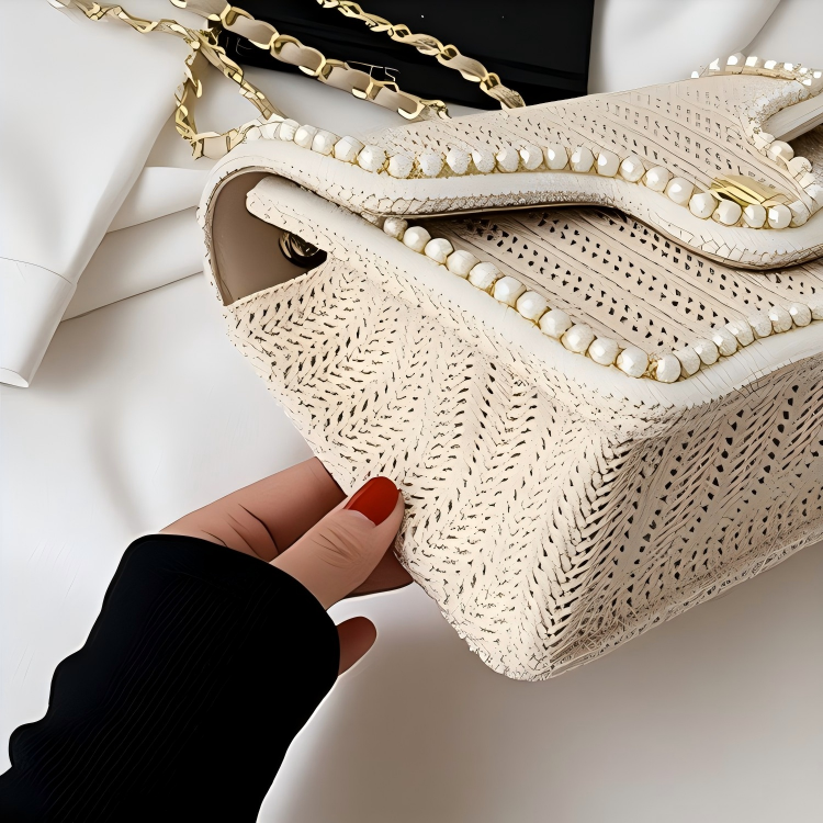 Straw Crossbody Bag for Women – Woven Shoulder Bag with Pearl Trim