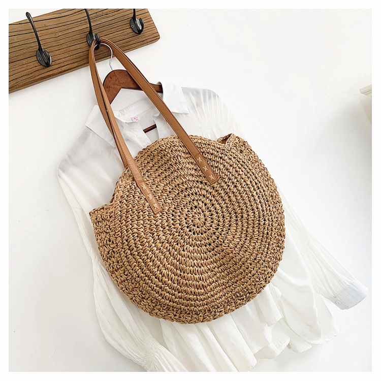 Classic Summer Straw Bag Women Round Beach Shoulder Handbag
