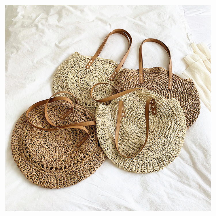 Classic Summer Straw Bag Women Round Beach Shoulder Handbag