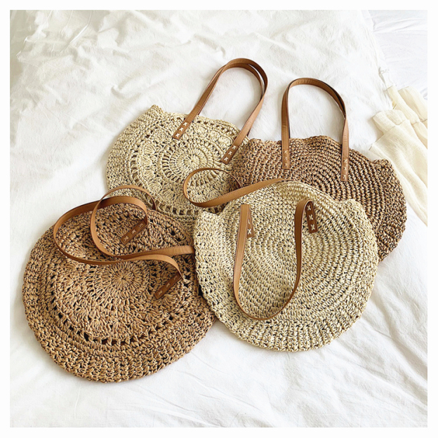 Classic Summer Straw Bag Women Round Beach Shoulder Handbag