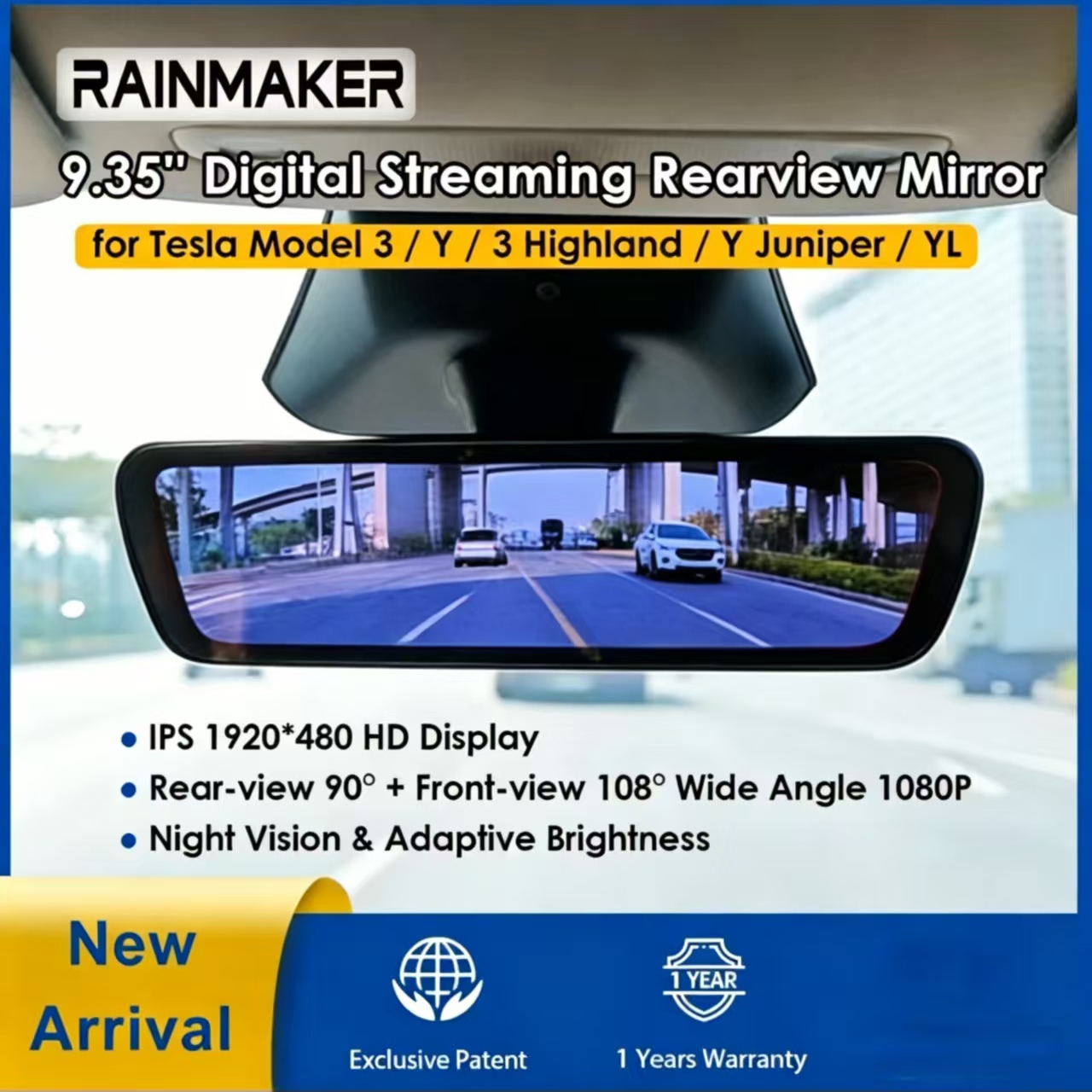 New For Tesla Stream Media Rearview Mirror 9.35 Inch Digital Streaming Mirror Dashcam with Night Vision for Model 3 Y Y Juniper