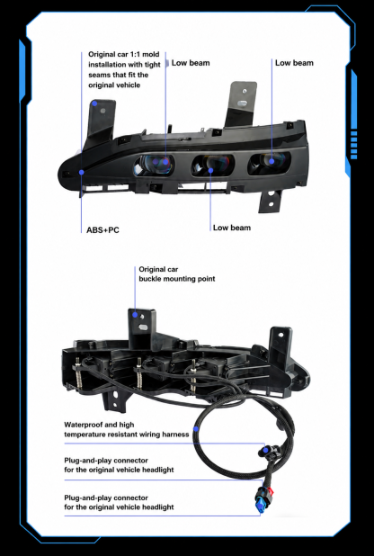 Suitable for the LED rectangular module lenses of the headlights assembly of Tesla Model 3/Y, including fog lights, glow lights and turn signals.