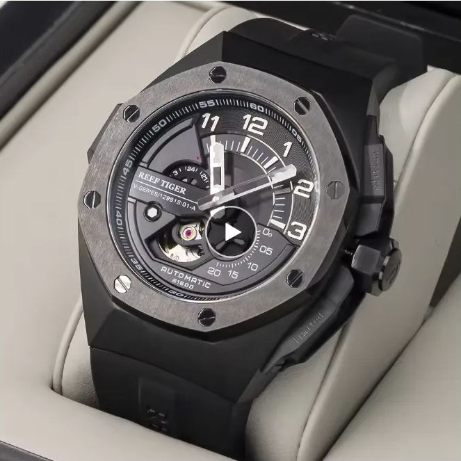 All black automatic mechanical sports watch waterproof Relogio Masculino RGA92s7