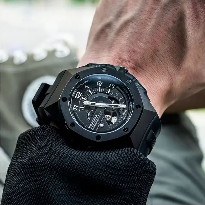 All black automatic mechanical sports watch waterproof Relogio Masculino RGA92s7