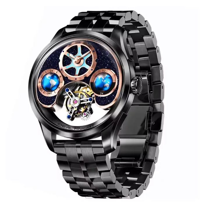 Men's Watch Advanced Tourbillon Automatic Mechanical Watch Waterproof Night Light Dual Zone Time