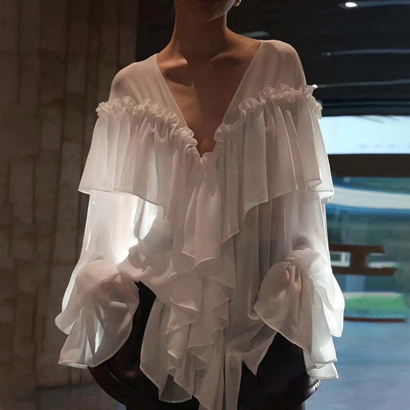 Loose White Ruffle Shirt Chiffon See-Through Top