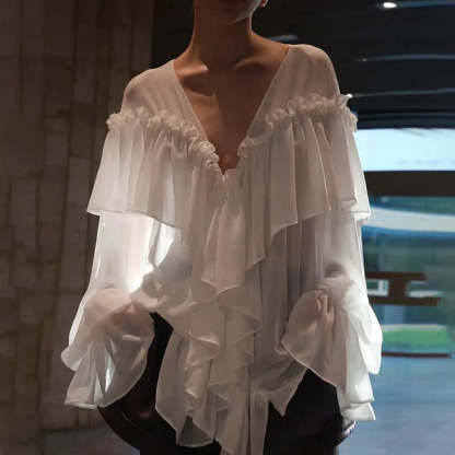 Loose White Ruffle Shirt Chiffon See-Through Top