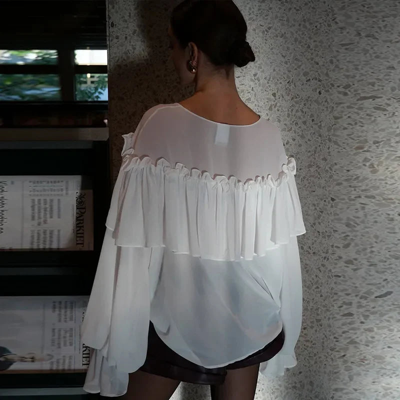 Loose White Ruffle Shirt Chiffon See-Through Top