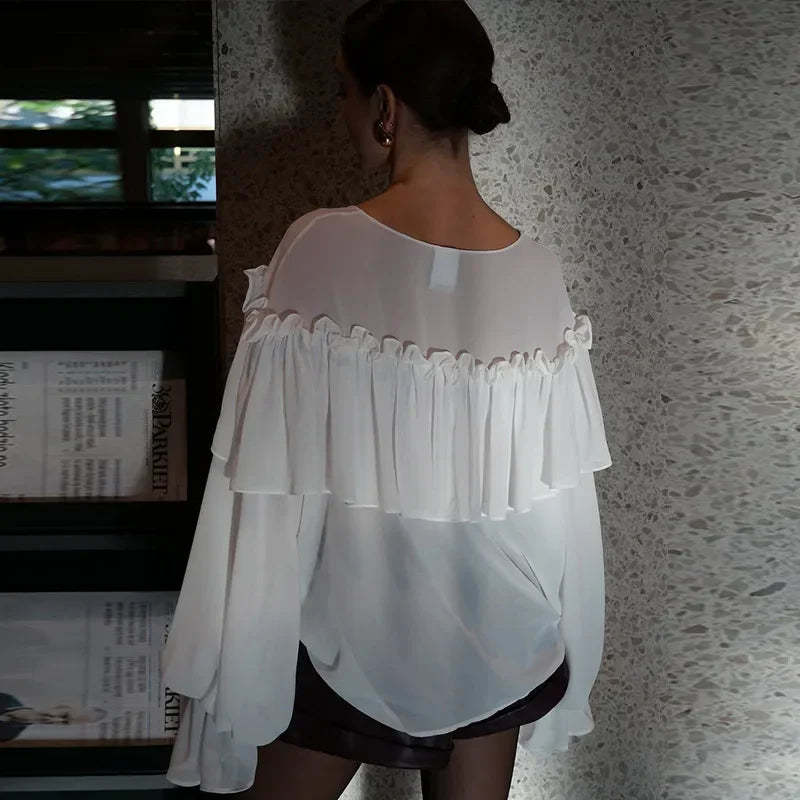 Loose White Ruffle Shirt Chiffon See-Through Top