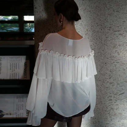 Loose White Ruffle Shirt Chiffon See-Through Top