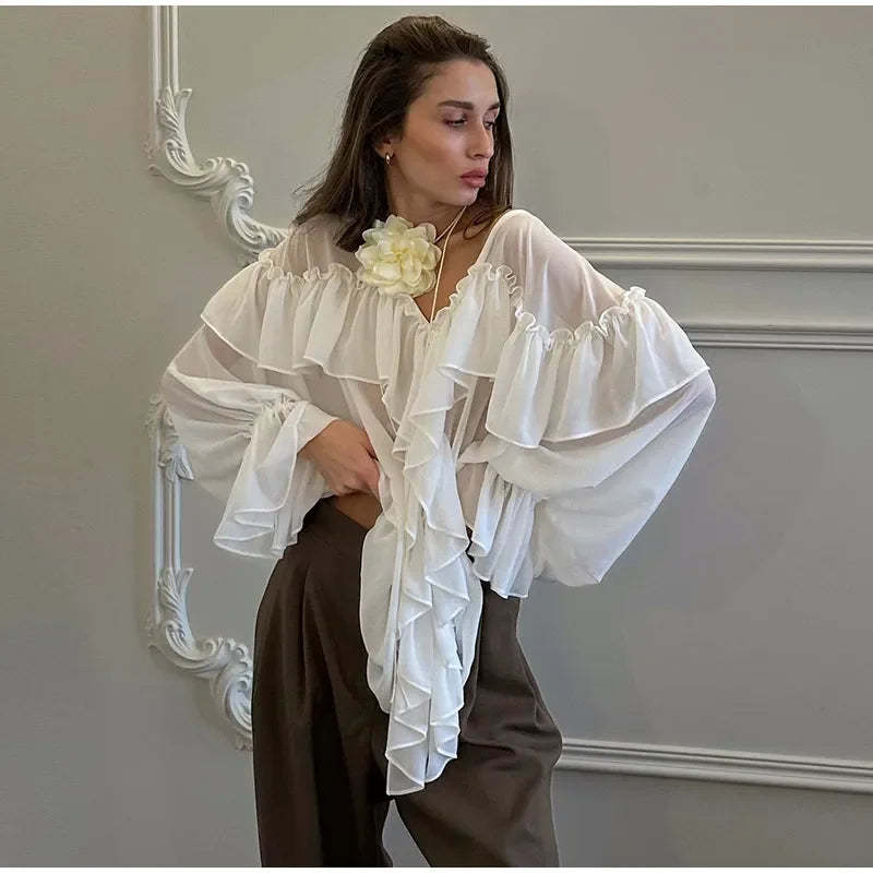 Loose White Ruffle Shirt Chiffon See-Through Top