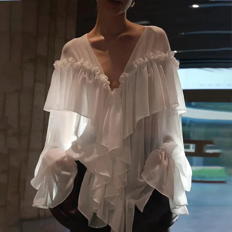 Loose White Ruffle Shirt Chiffon See-Through Top