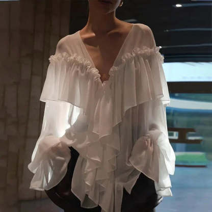 Loose White Ruffle Shirt Chiffon See-Through Top