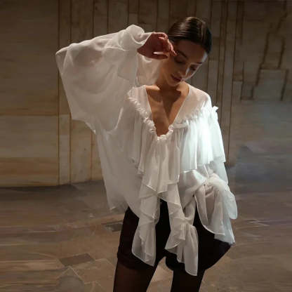 Loose White Ruffle Shirt Chiffon See-Through Top