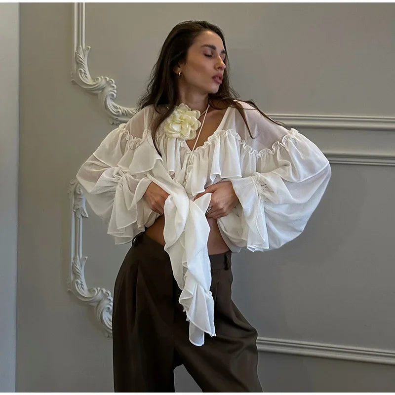 Loose White Ruffle Shirt Chiffon See-Through Top