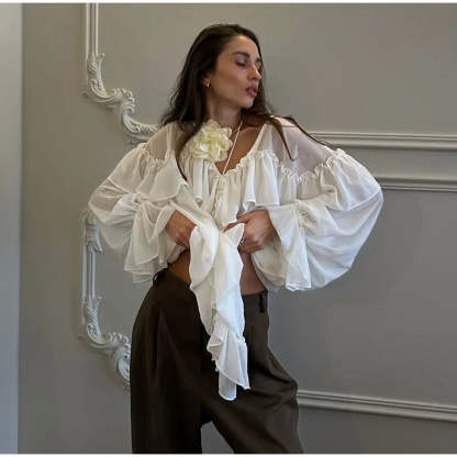 Loose White Ruffle Shirt Chiffon See-Through Top