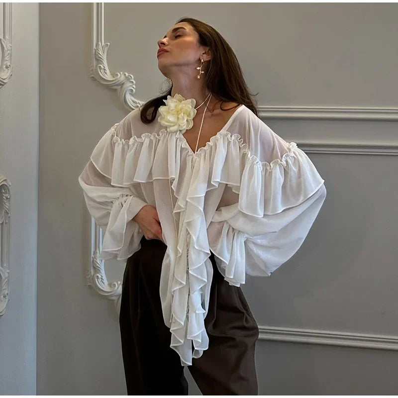 Loose White Ruffle Shirt Chiffon See-Through Top