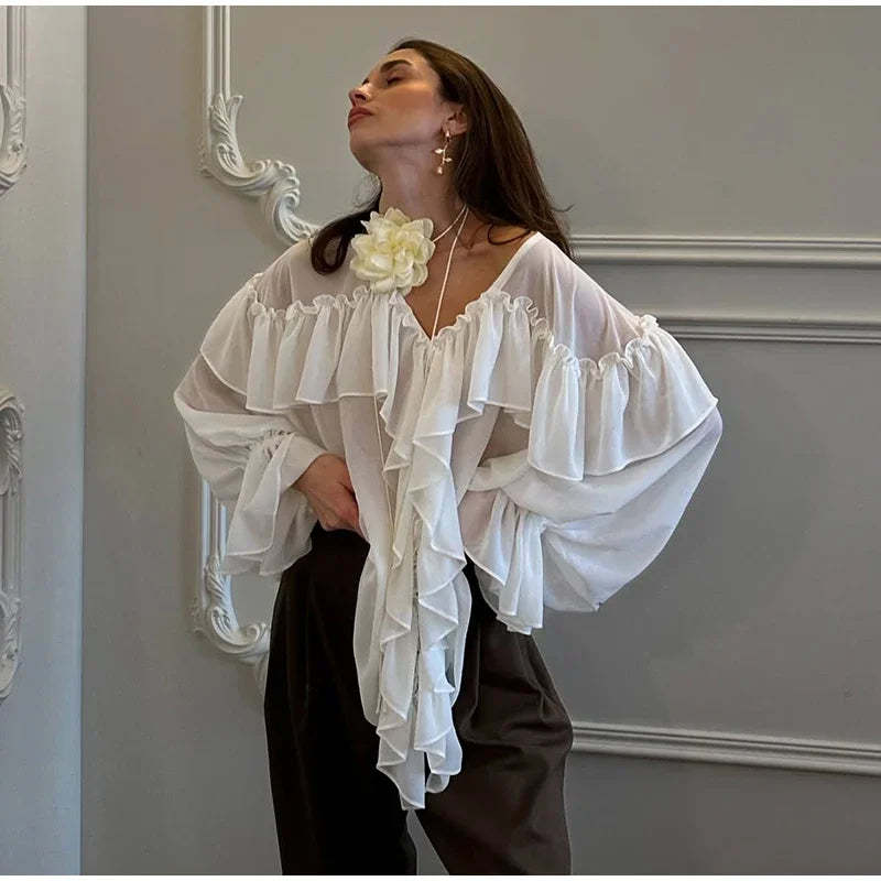 Loose White Ruffle Shirt Chiffon See-Through Top