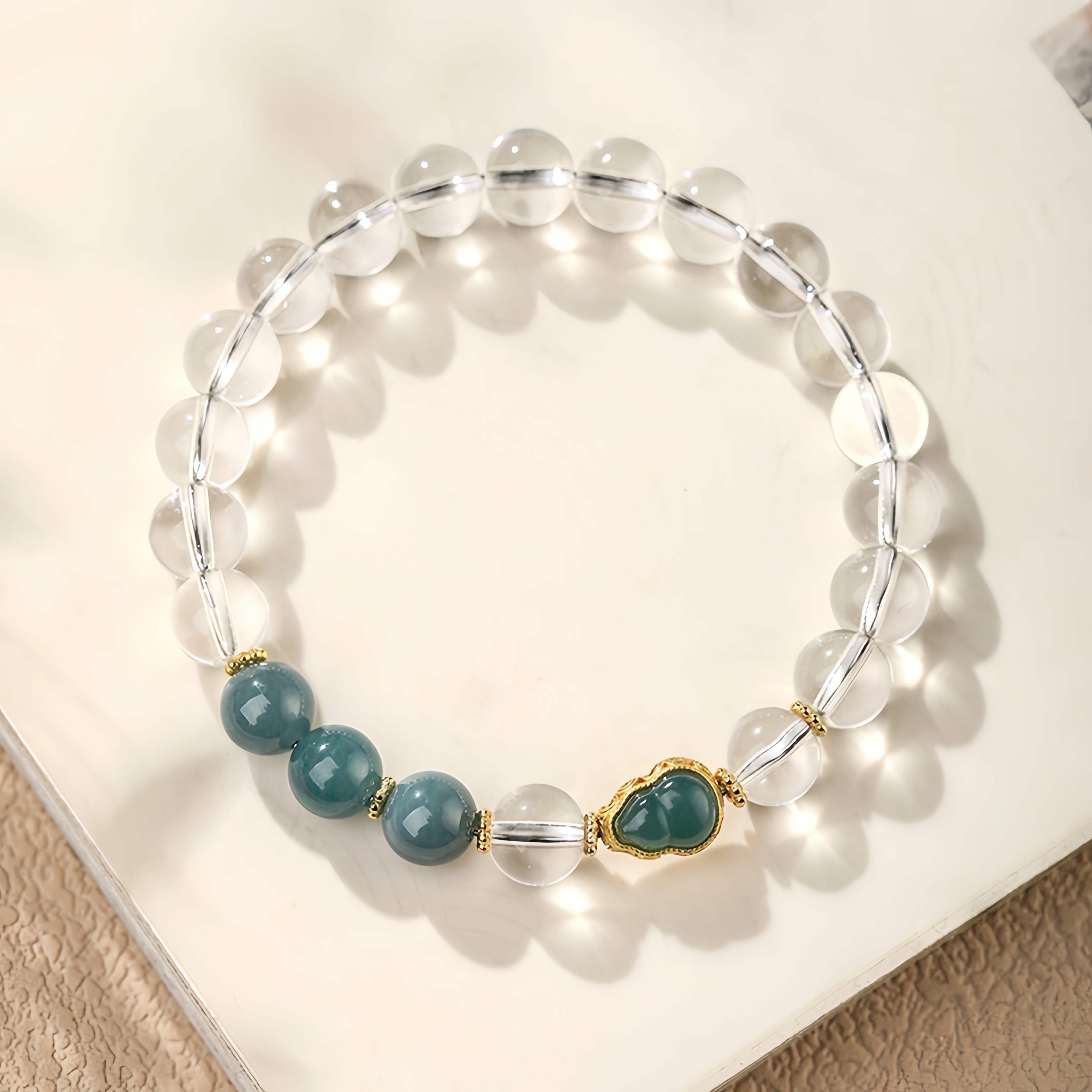 White Crystal Bracelet - Aqua Jade & Double Fortune Gourd