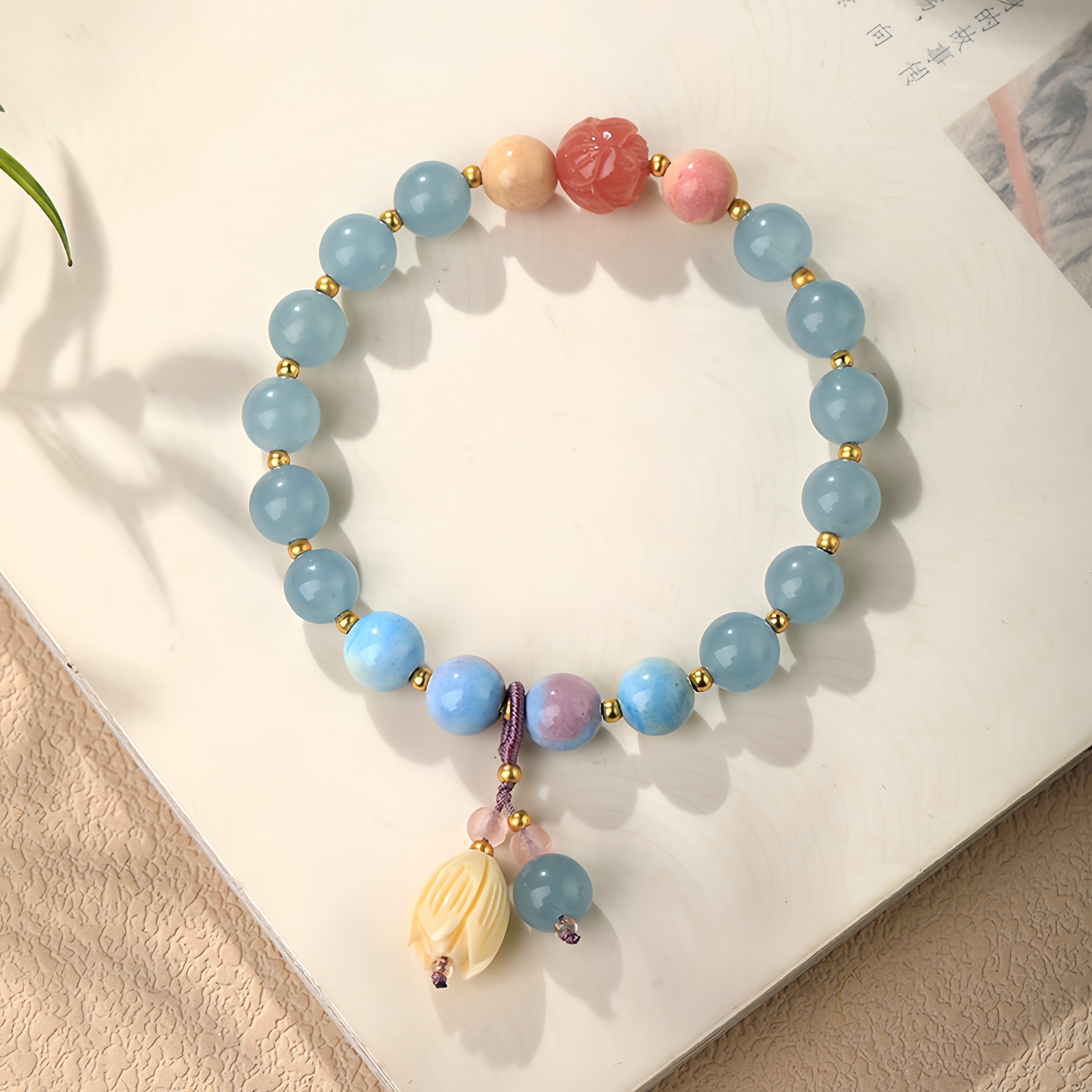Aquamarine Bracelet - Flower Agate Charm & Ocean Energy