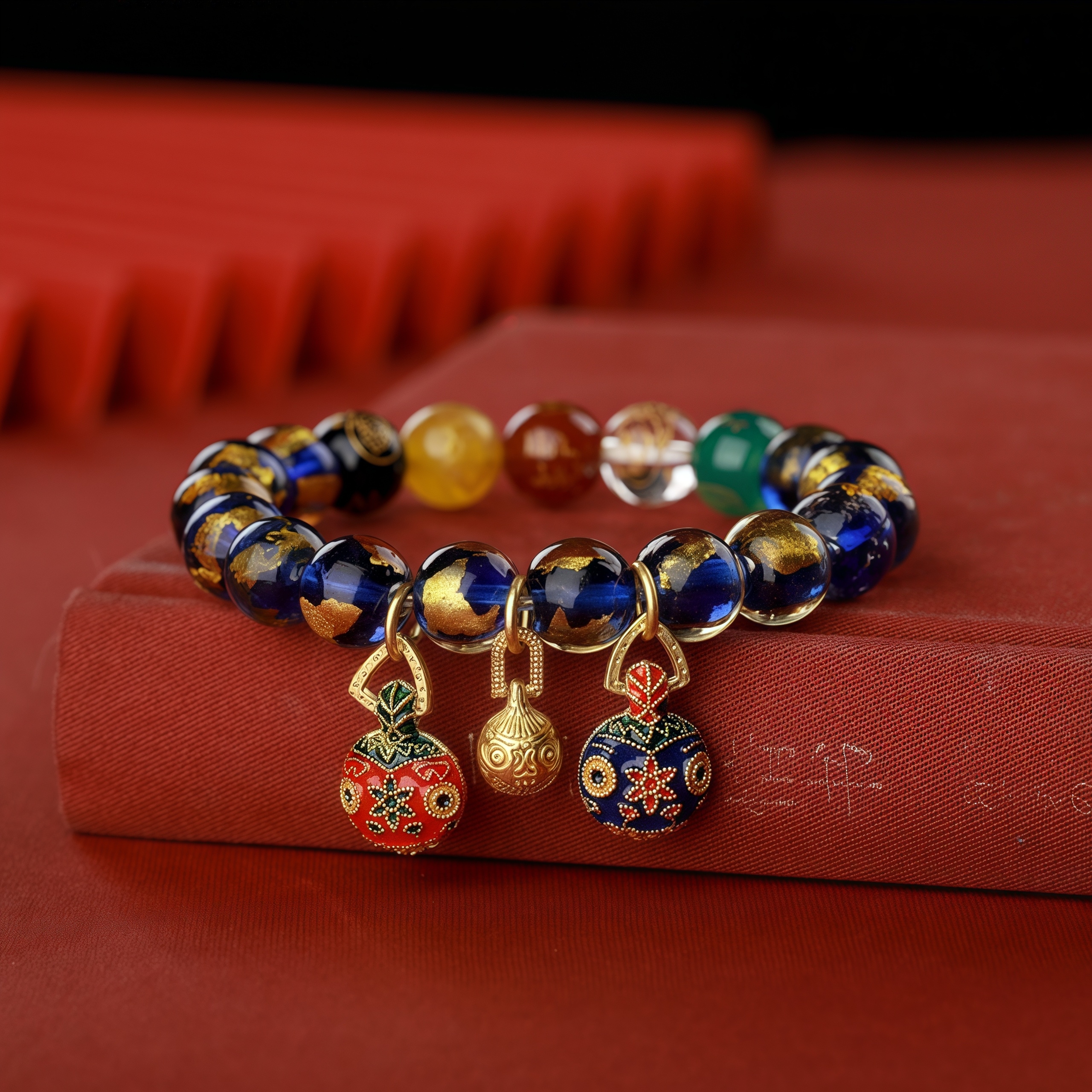 Gold Foil Incense Ash Glass Beads Wealth Attraction Bracelet with Fortune Beast & Five Wealth Deities