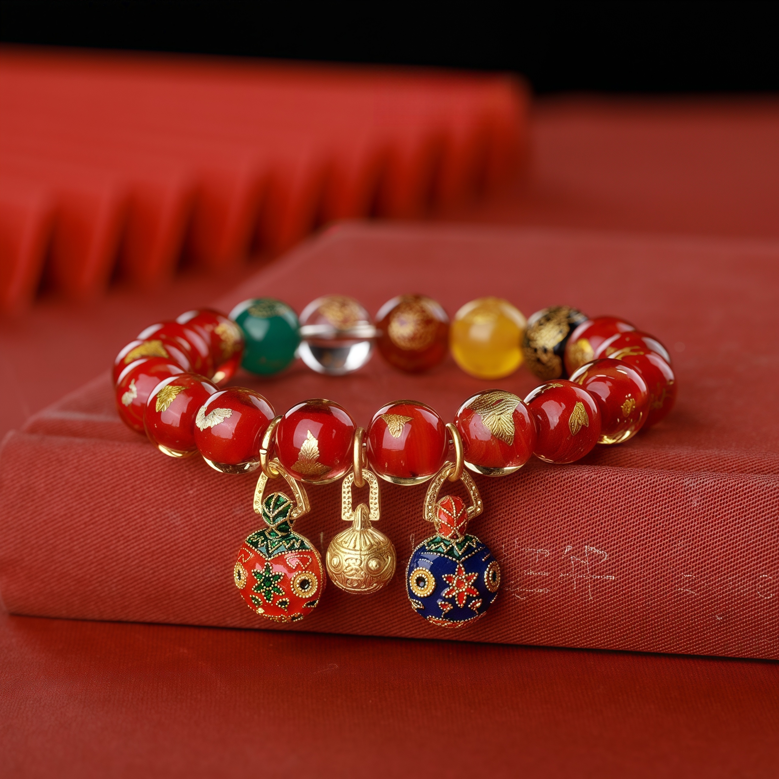 Gold Foil Incense Ash Glass Beads Wealth Attraction Bracelet with Fortune Beast & Five Wealth Deities