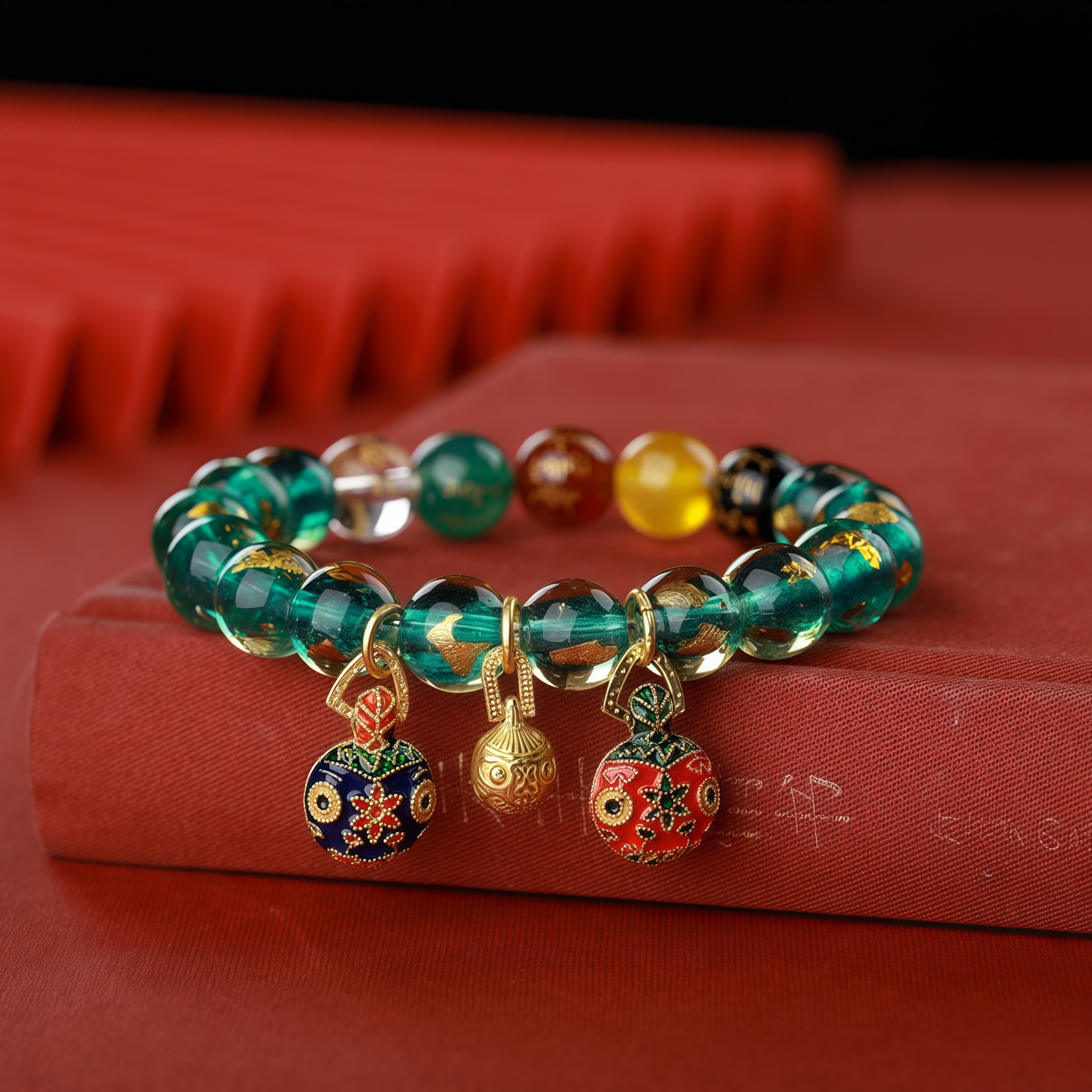 Gold Foil Incense Ash Glass Beads Wealth Attraction Bracelet with Fortune Beast & Five Wealth Deities