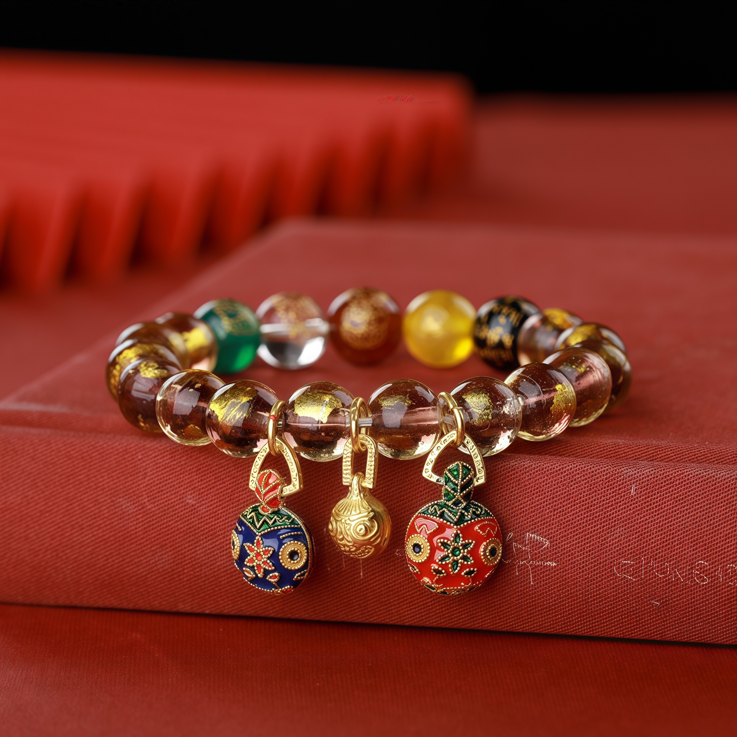 Gold Foil Incense Ash Glass Beads Wealth Attraction Bracelet with Fortune Beast & Five Wealth Deities