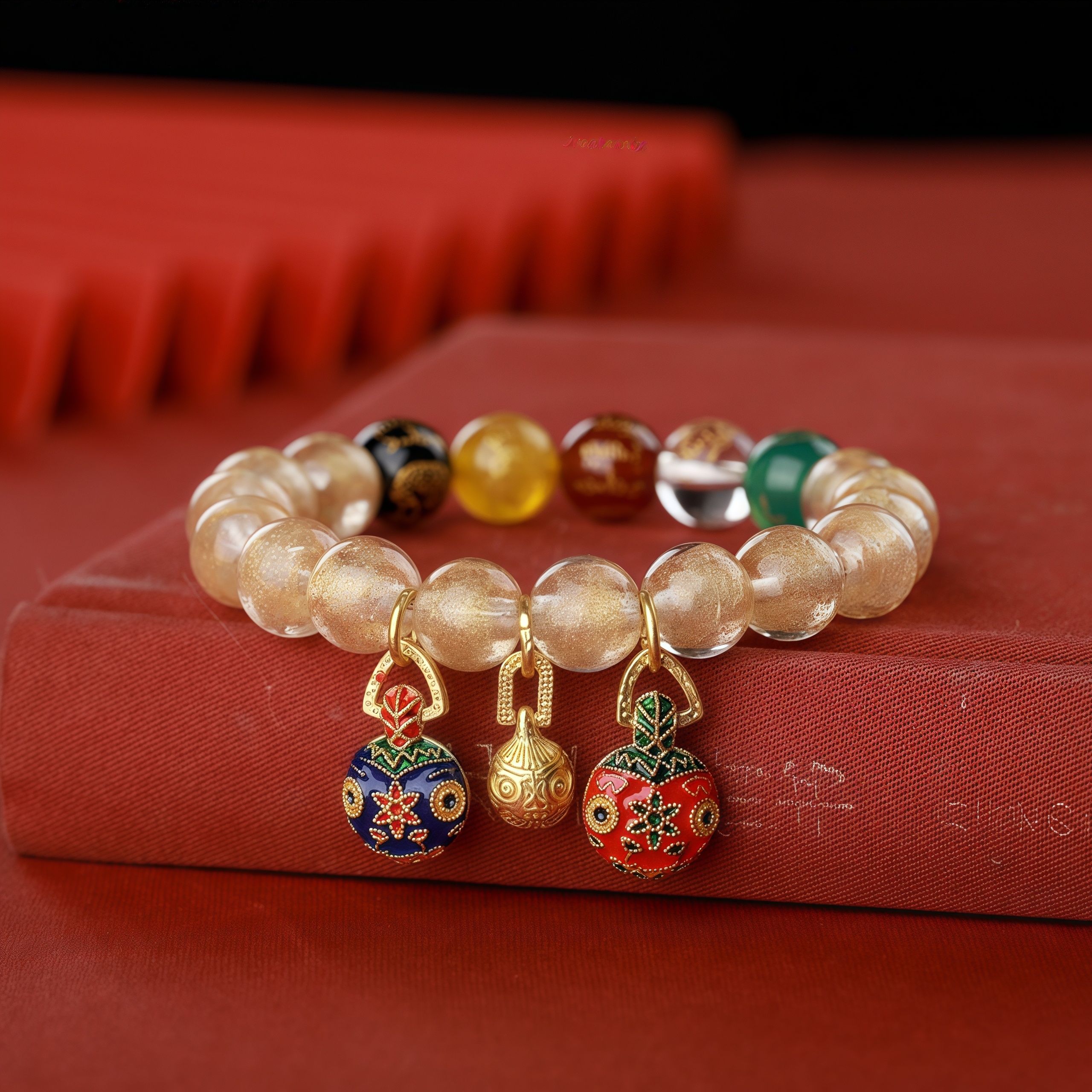 Gold Foil Incense Ash Glass Beads Wealth Attraction Bracelet with Fortune Beast & Five Wealth Deities