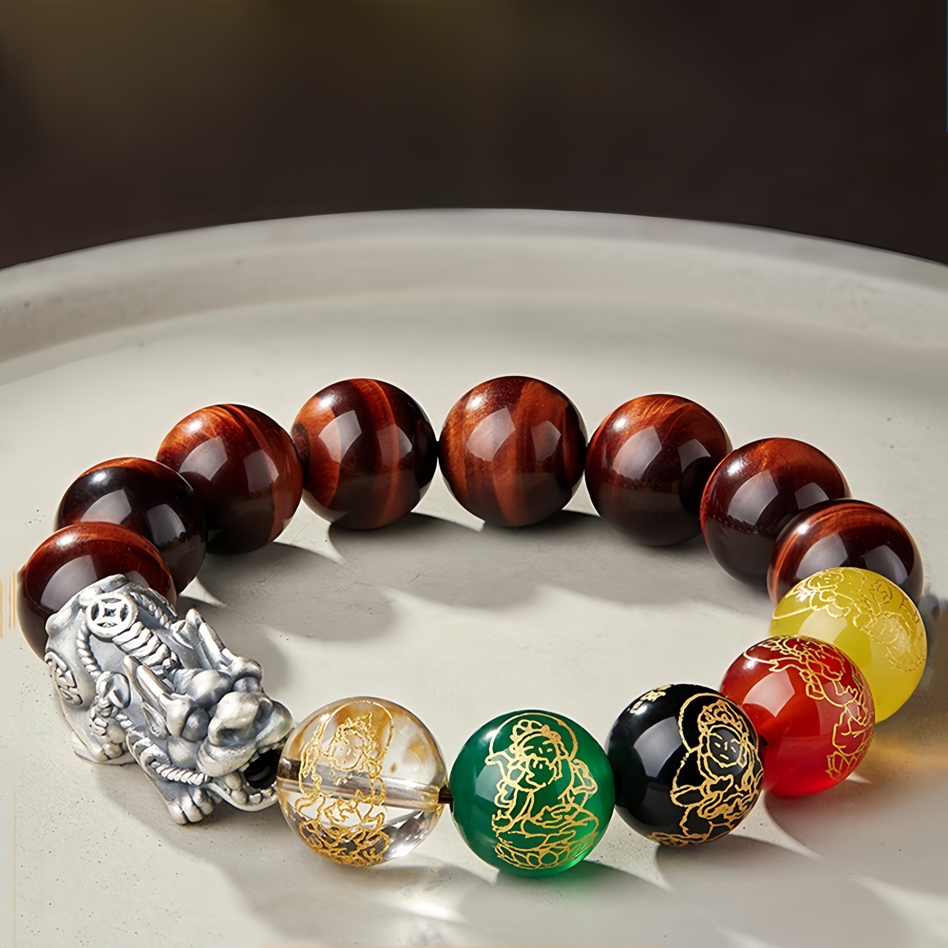 Silver Pi Xiu Bracelet with Five Wealth Gods & Red Tiger Eye Stone - Feng Shui Wealth & Protection Jewelry