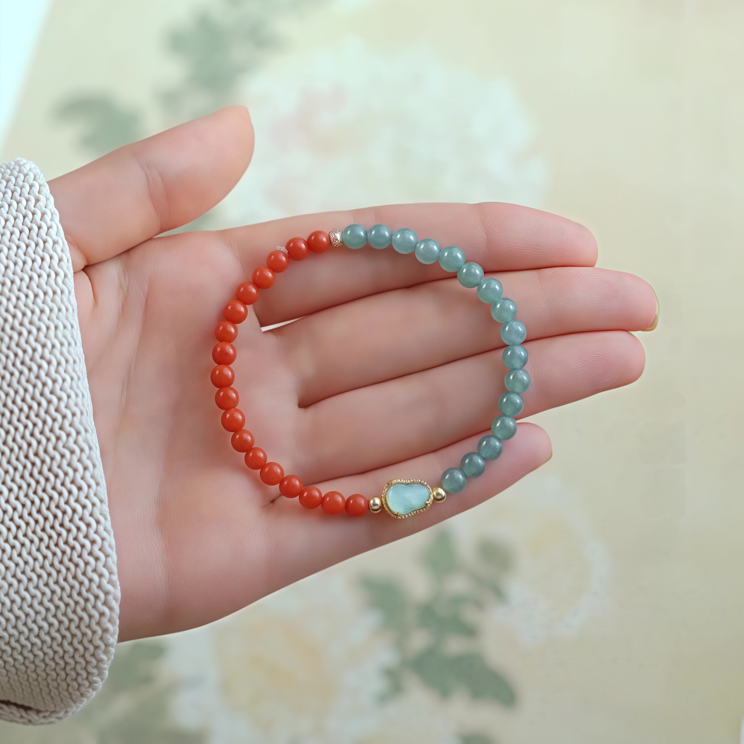 Natural Baoshan Red Agate & Icy Jadeite Bracelet - Collector's Gemstone Jewelry