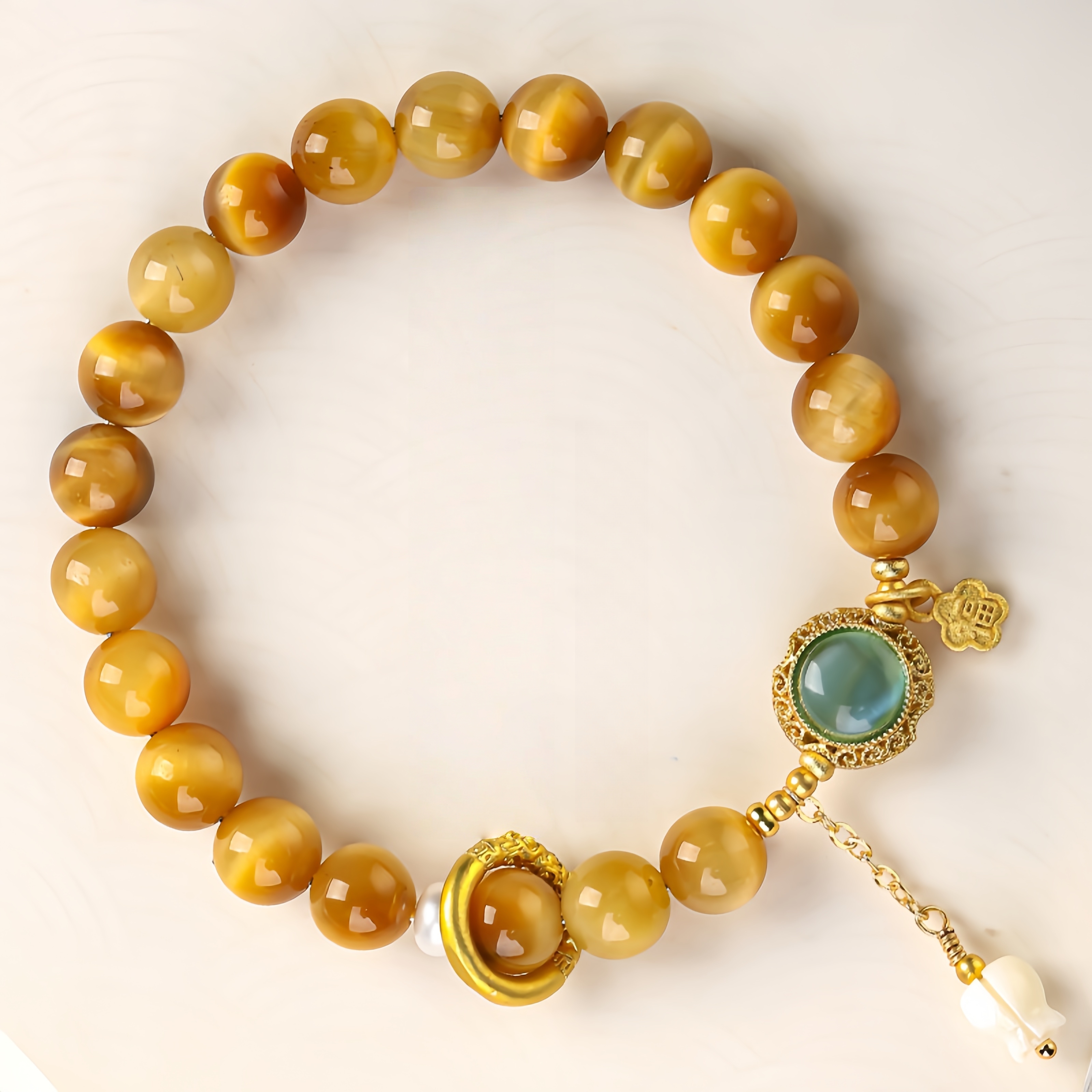 Golden Tiger's Eye Bracelet with Lucky Charms - Boho Aura & Wealth Energy Jewelry