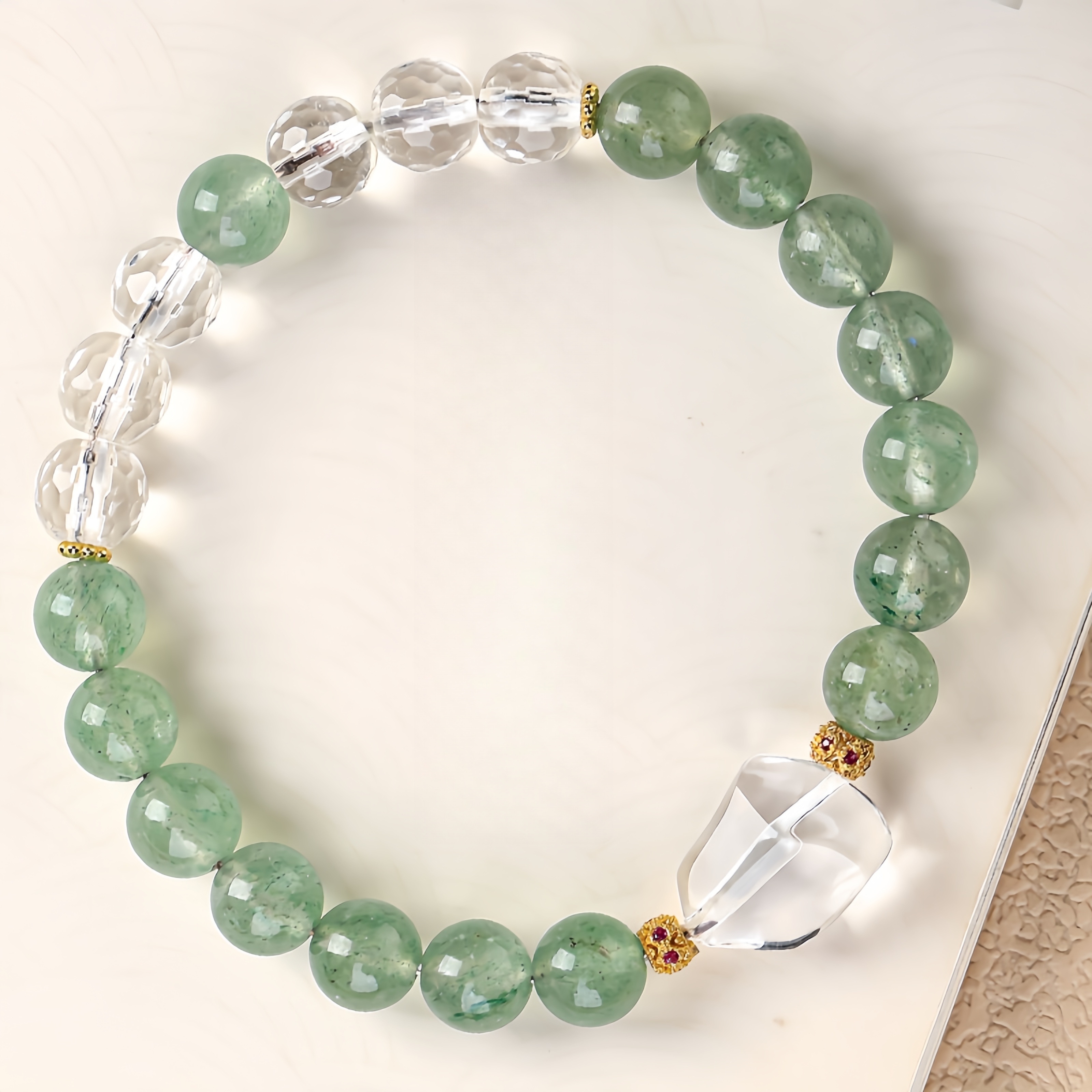 Green Strawberry Quartz & Clear Crystal Bracelet - Heart Chakra & Clarity Jewelry