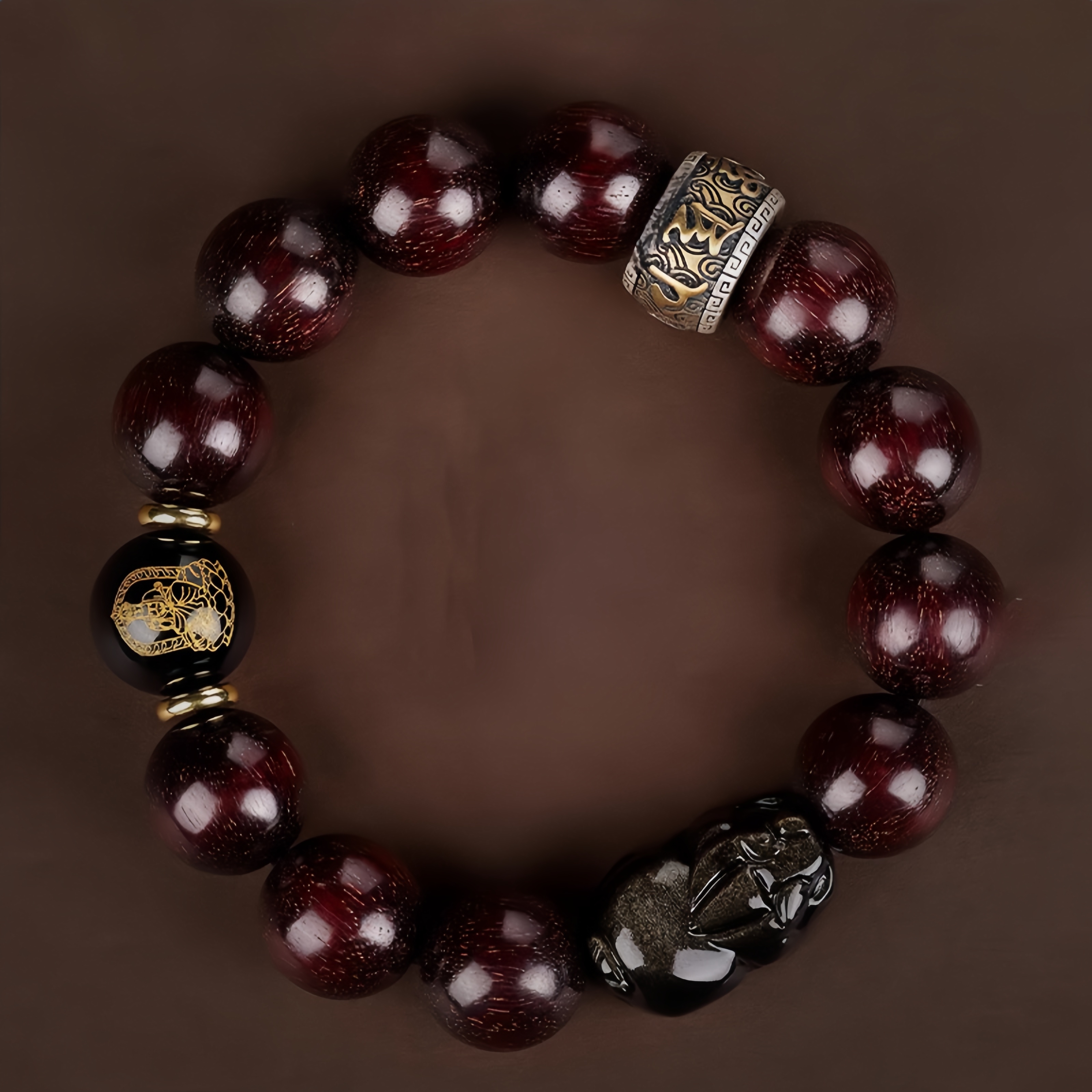 Red Sandalwood Pi Xiu Bracelet - Gold Obsidian & Zodiac Buddha