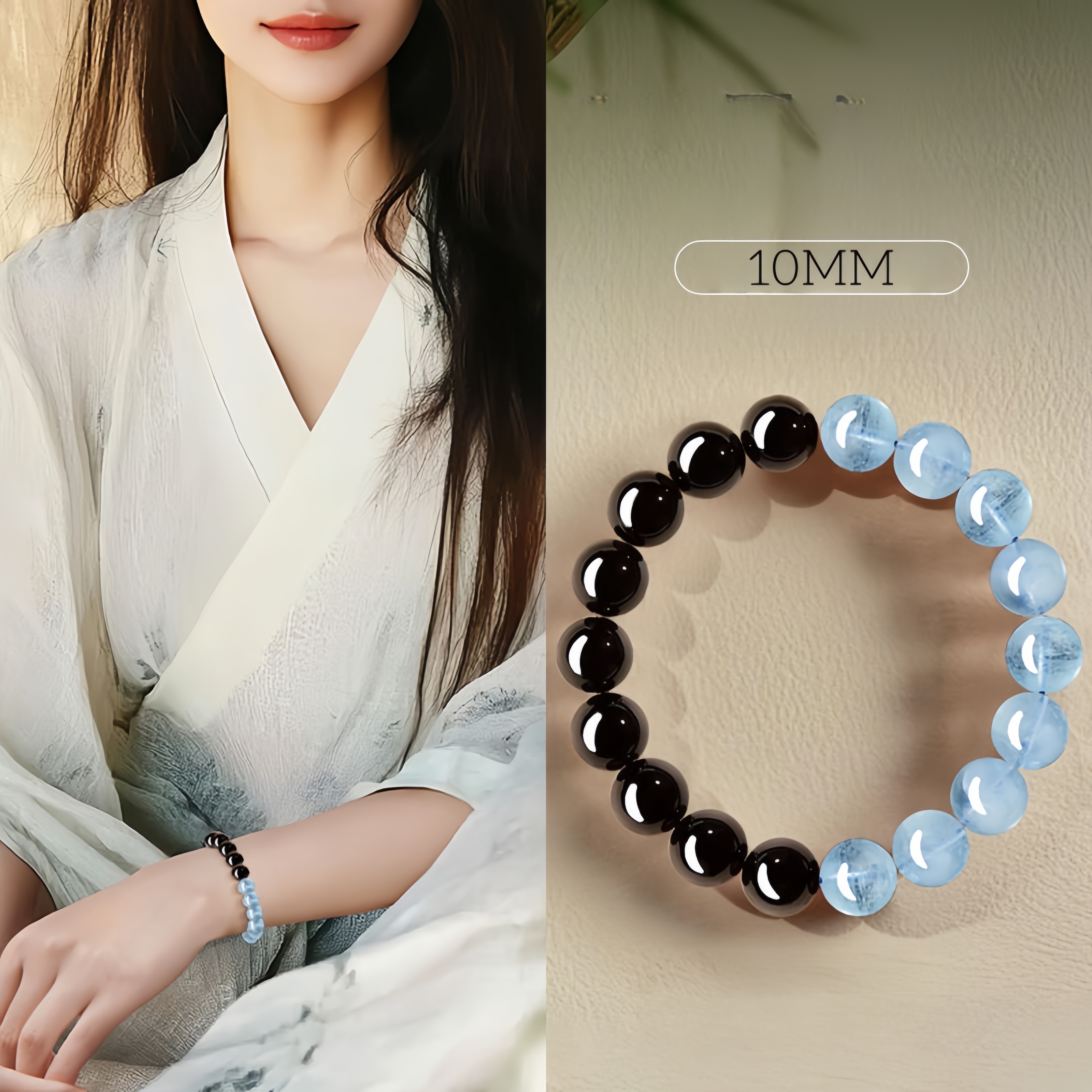 Black Obsidian & Aquamarine Bracelet - Energy Shield & Communication Jewelry