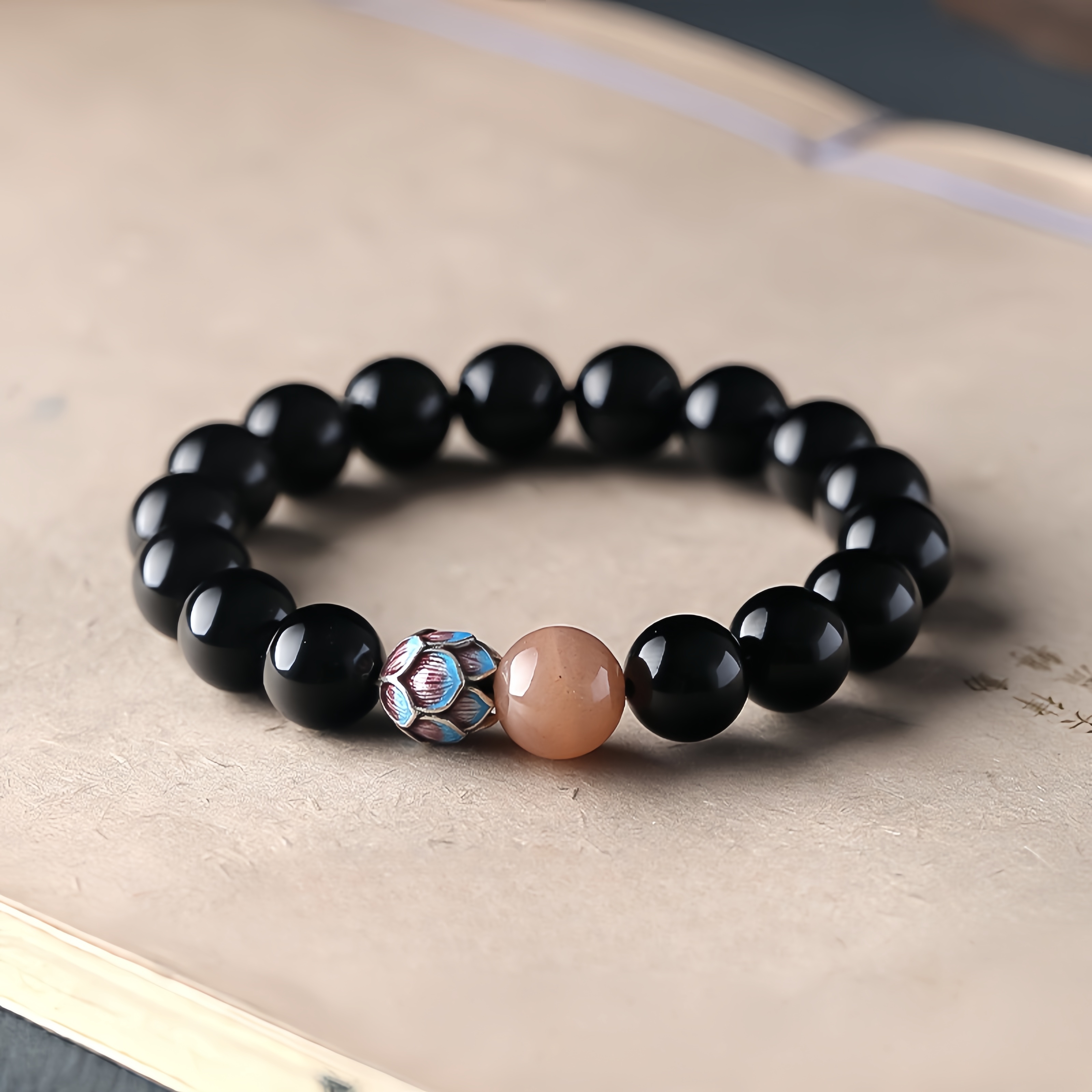 Black Obsidian & Sunstone Lotus Bracelet - Energy Protection & Vitality Jewelry