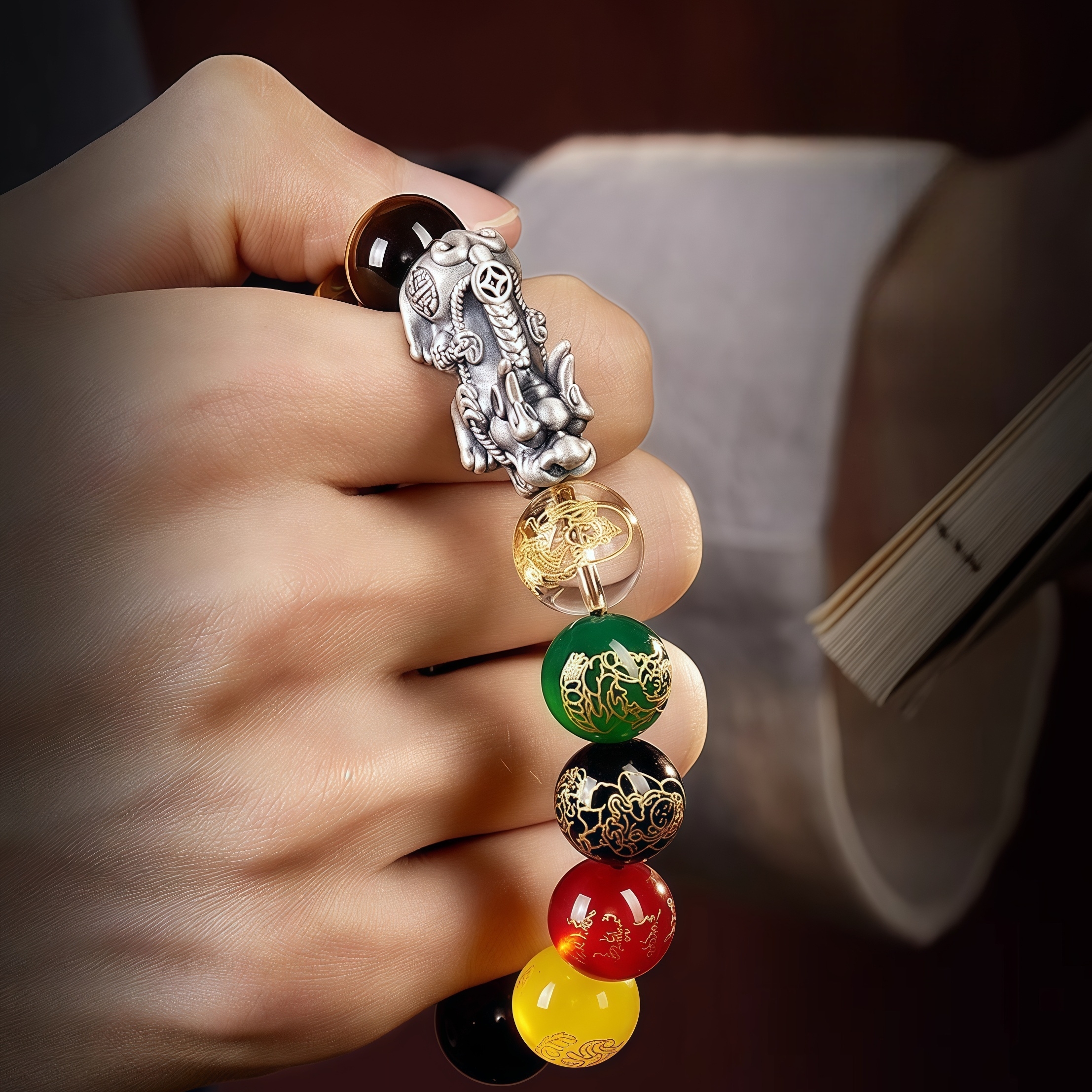 Silver Pi Xiu Bracelet with Five Wealth Gods & Red Tiger Eye Stone - Feng Shui Wealth & Protection Jewelry