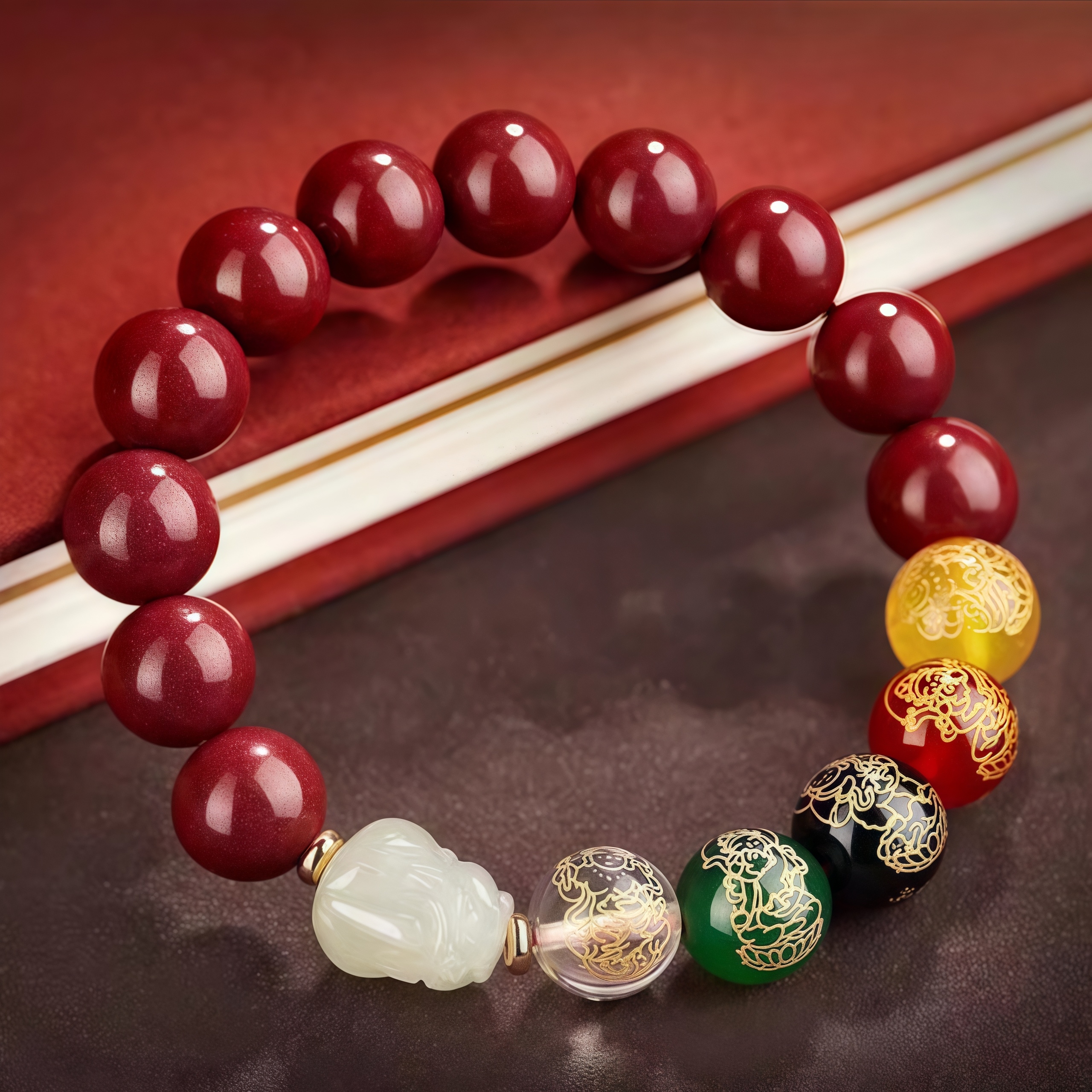Hetian Jade Pixiu, Purple Gold Cinnabar & Five - God of Wealth Lucky Bead Bracelet: Attract Fortune & Luck