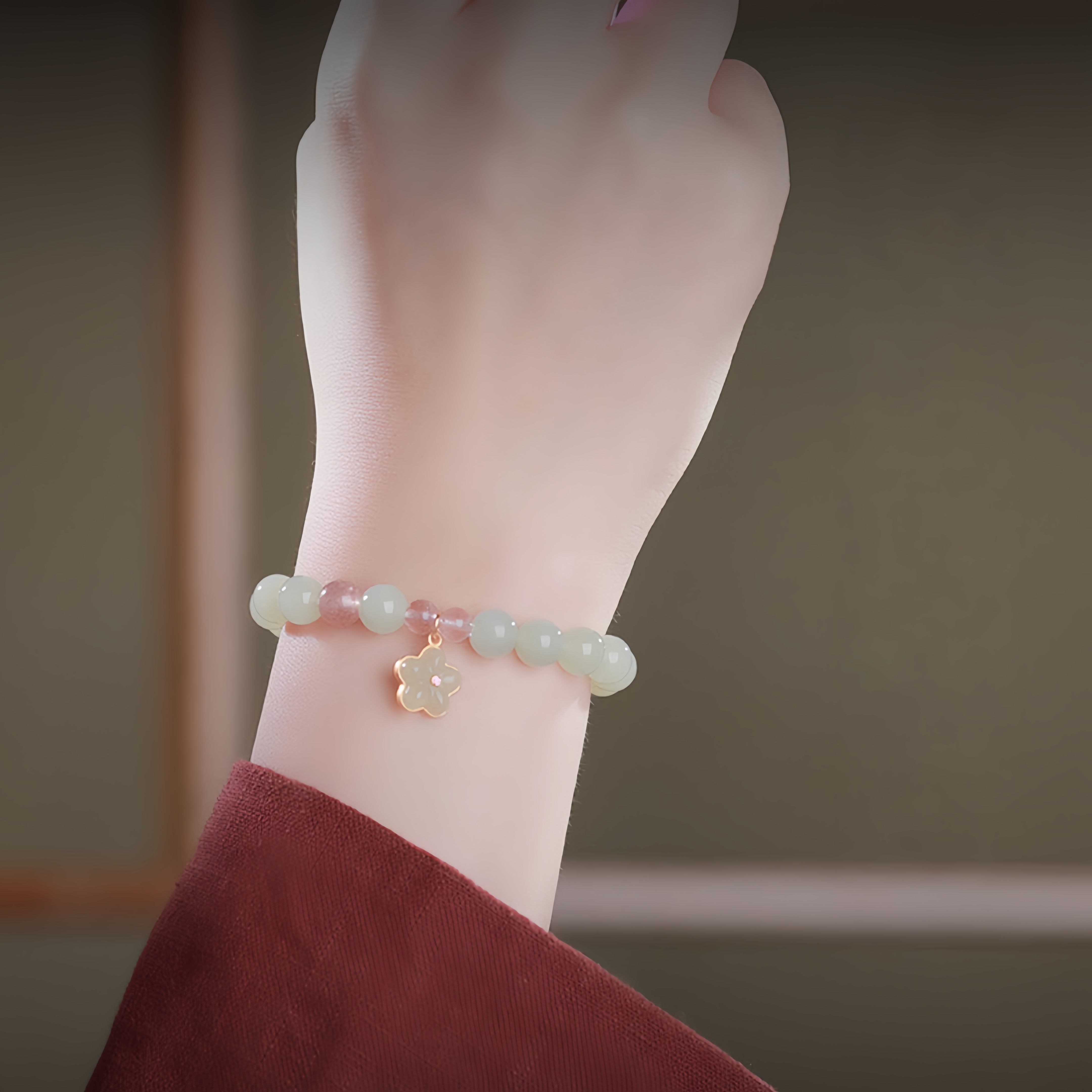 Natural Hetian Jade Bracelet with Blossom Charm - Feminine Love Jewelry
