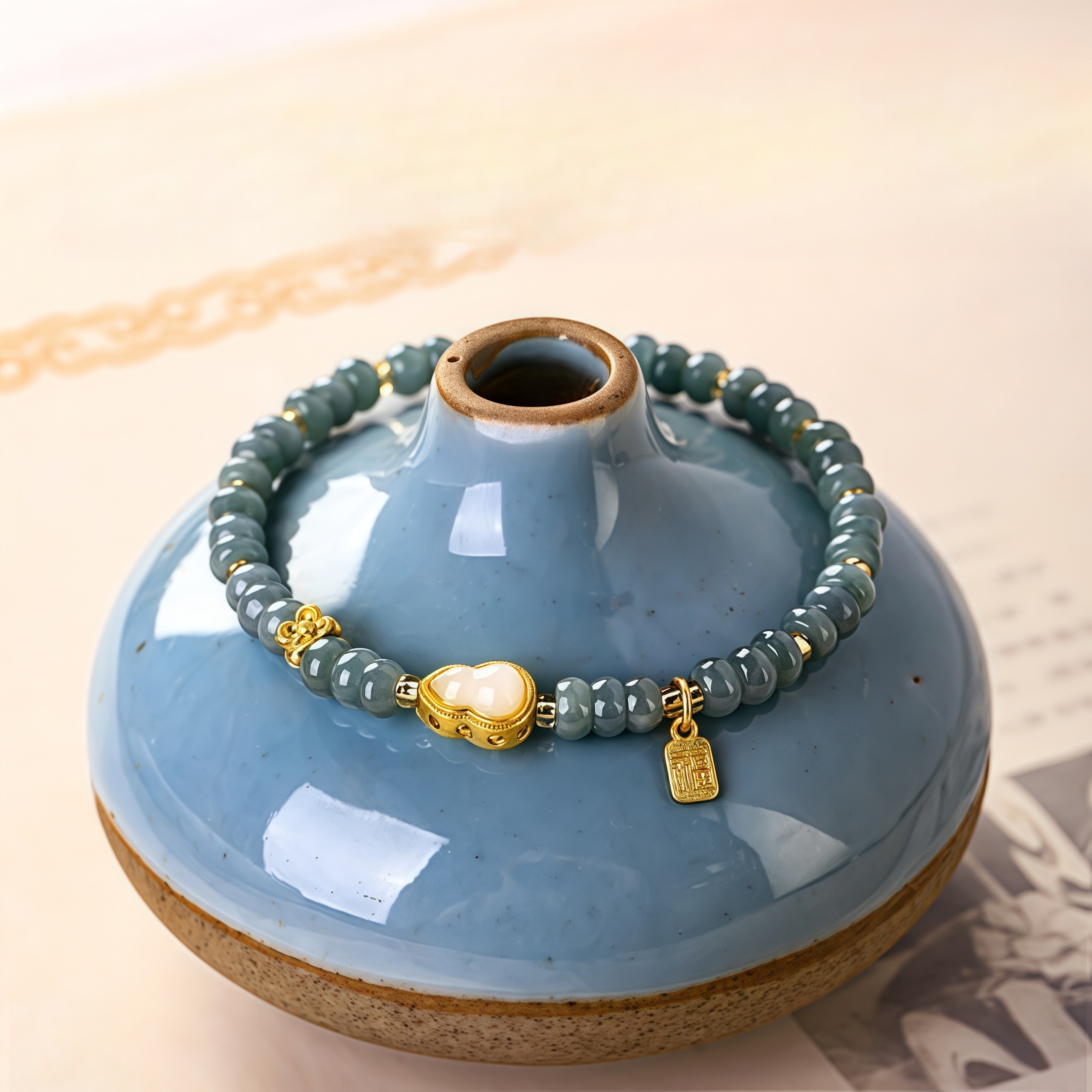 Blue Jade Abacus Beads Bracelet with Gourd Charm for Wealth & Good Fortune