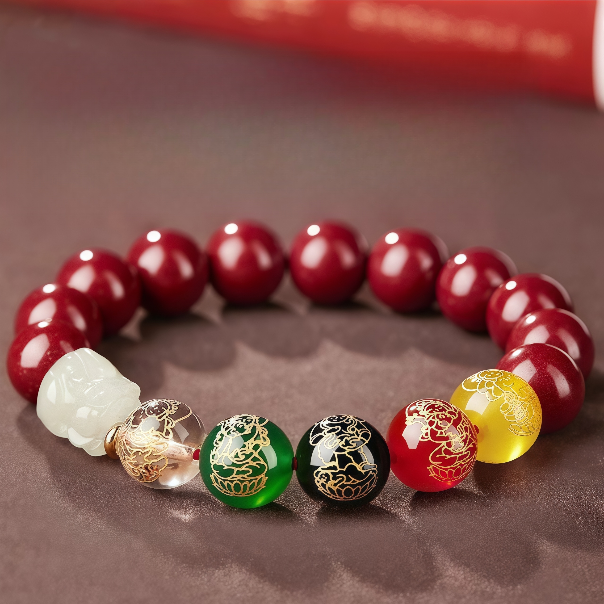 Hetian Jade Pixiu, Purple Gold Cinnabar & Five - God of Wealth Lucky Bead Bracelet: Attract Fortune & Luck