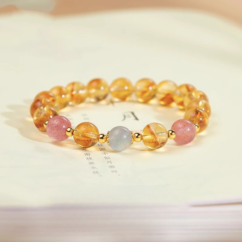 2025 New Yellow Citrine Bracelet with Moonstone & Strawberry Quartz - Wealth, Love & Intuition Jewelry for Her