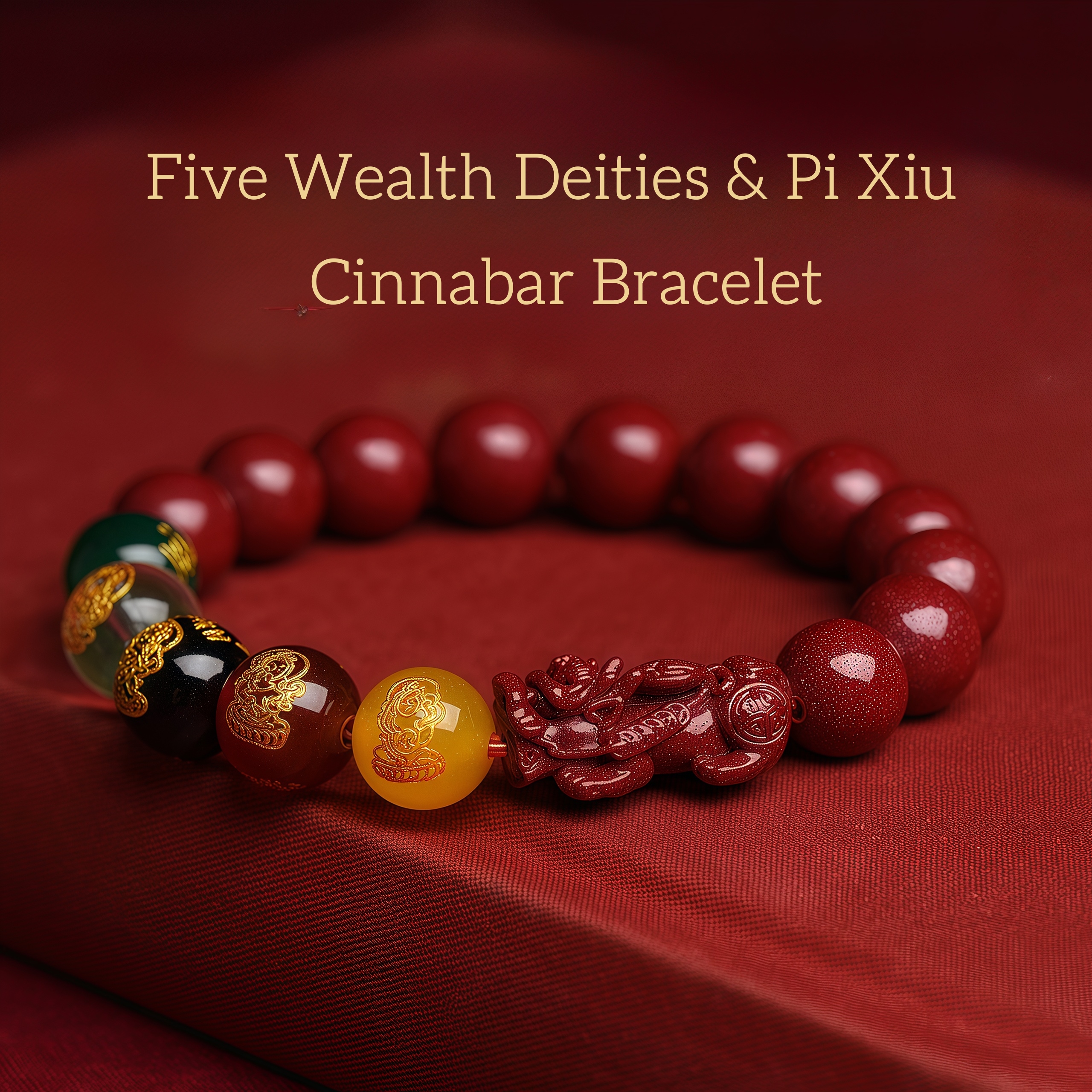 Pi Xiu & Five Wealth Gods Cinnabar Bracelet