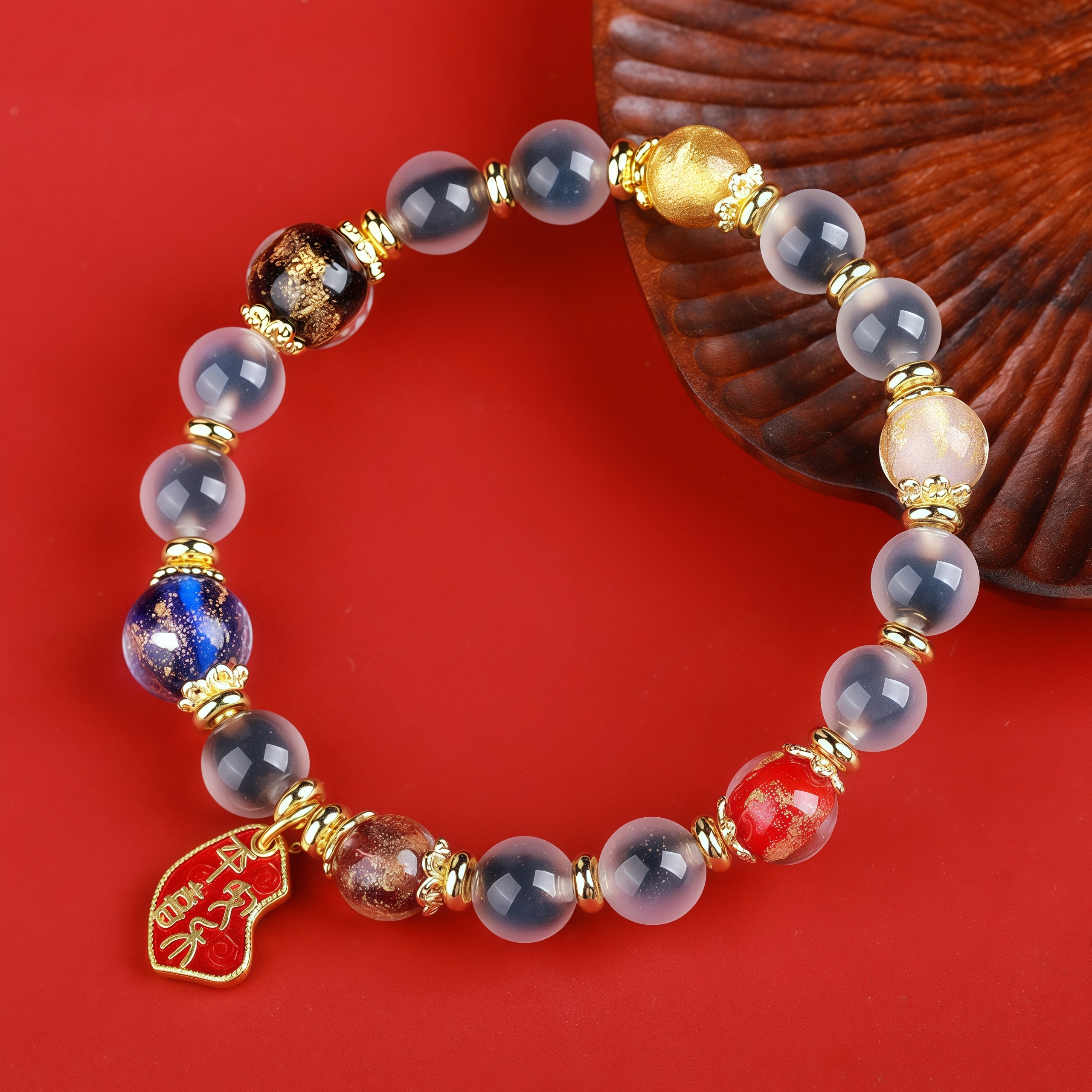Gold Foil & Sugar Agate Bracelet with Liuli Beads - Spiritual Jewelry for Wealth & Protection
