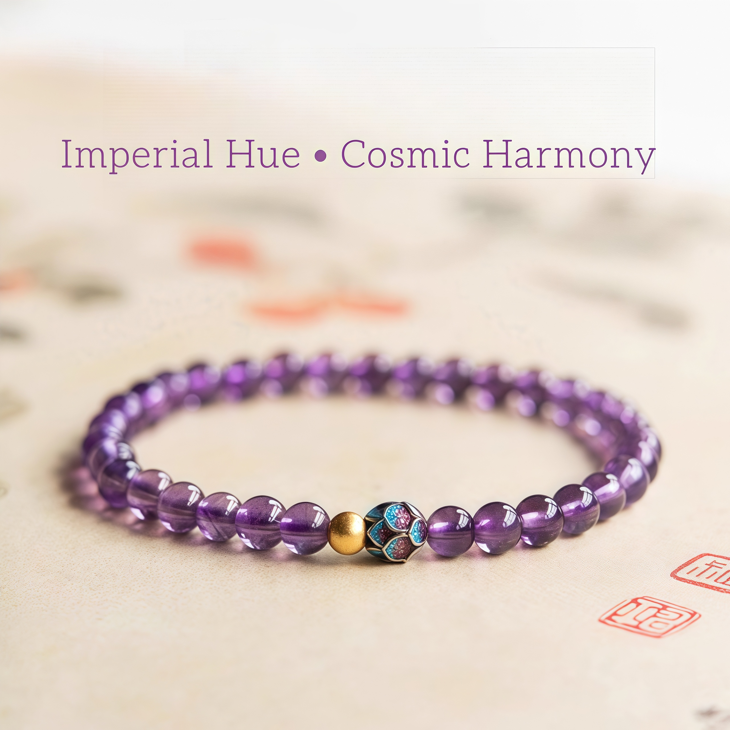 Nine Purple Fire Amethyst Bracelet with Lotus Charm - Feng Shui Luck & Spiritual Protection Jewelry